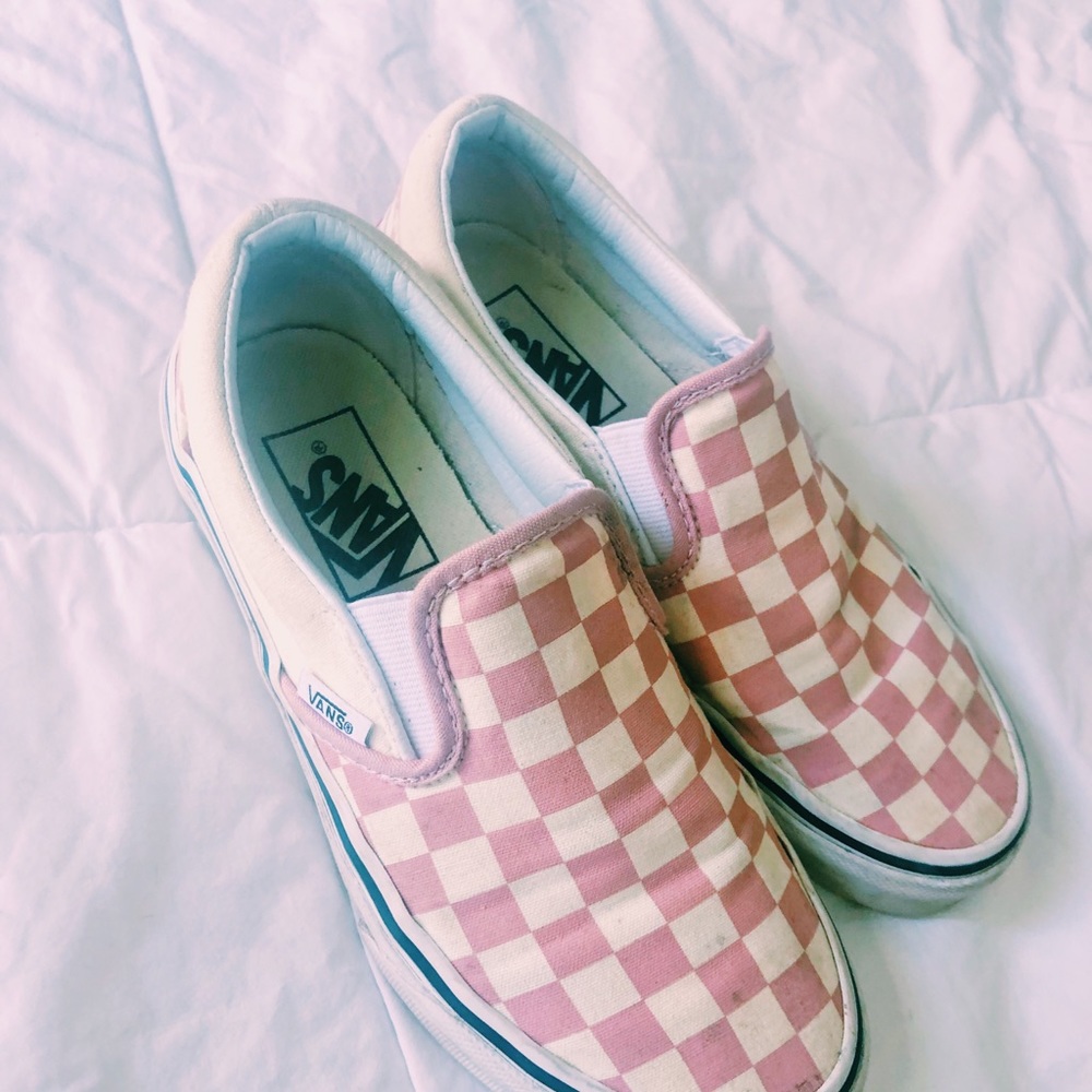 pink checkered slip on vans